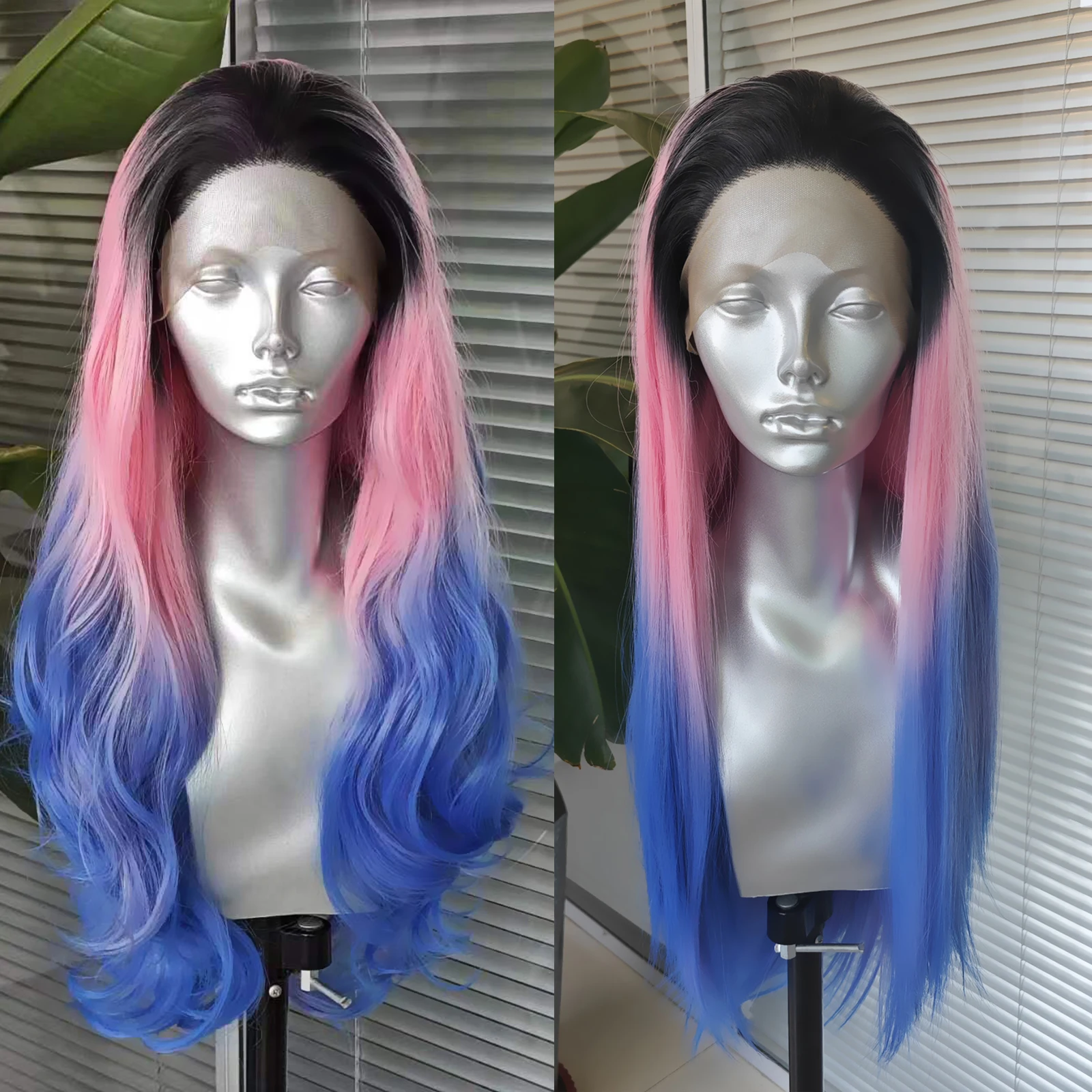 

RONGDUOYI Ombre Pink Blue Straight Synthetic Lace Front Wig Black Roots Colorful Hair Long Natural Wave Free Part Women Use Wigs