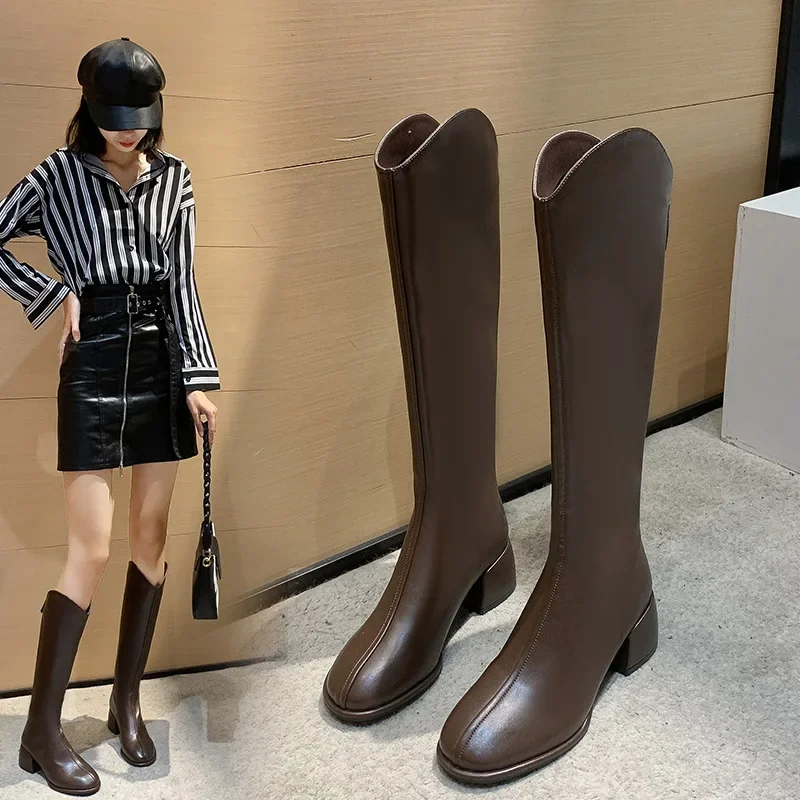 Brand New Ladies Platform Black Boots Fashion Chunky Med Heels Knee High Boots Women Casual Party Shoes Woman Thigh High Boots