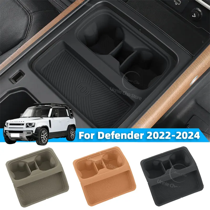 Boîte de rangement de voiture pour Defender 90 110, Console 2022 – 2024, chargeur sans fil, tapis antidérapants, tapis de tasse d'eau en Silicone, dessous de verre