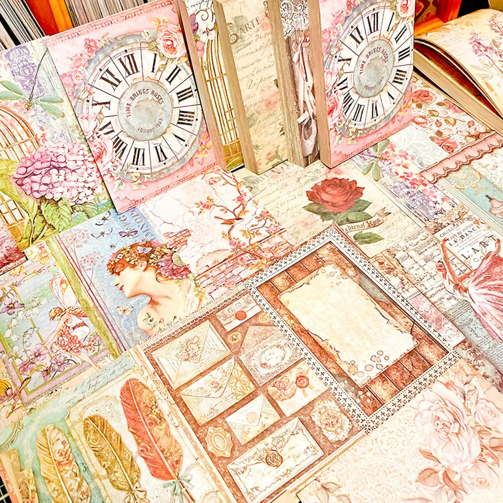 Beautiful Vintage 100Pcs Scrapbooking Retro European Garden Rose Floral Patterned Papers DIY Craft Notebook Background Cardstock