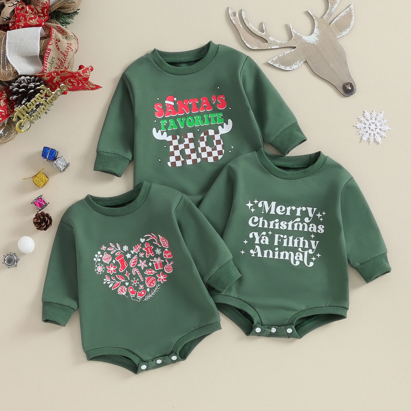 

Baby Boys Girls Christmas Romper Long Sleeve Crew Neck Heart Graphic Bodysuit Newborn Baby Sweatshirt Playsuit Clothes