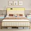 Queen Size Bed Frame with LED Light and Charging Station, Upholstered Headboard and Footboard, Metal Slat, Noise Free Bed 1
