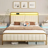 Queen Size Bed Frame with LED Light and Charging Station, Upholstered Headboard and Footboard, Metal Slat, Noise Free Bed 1