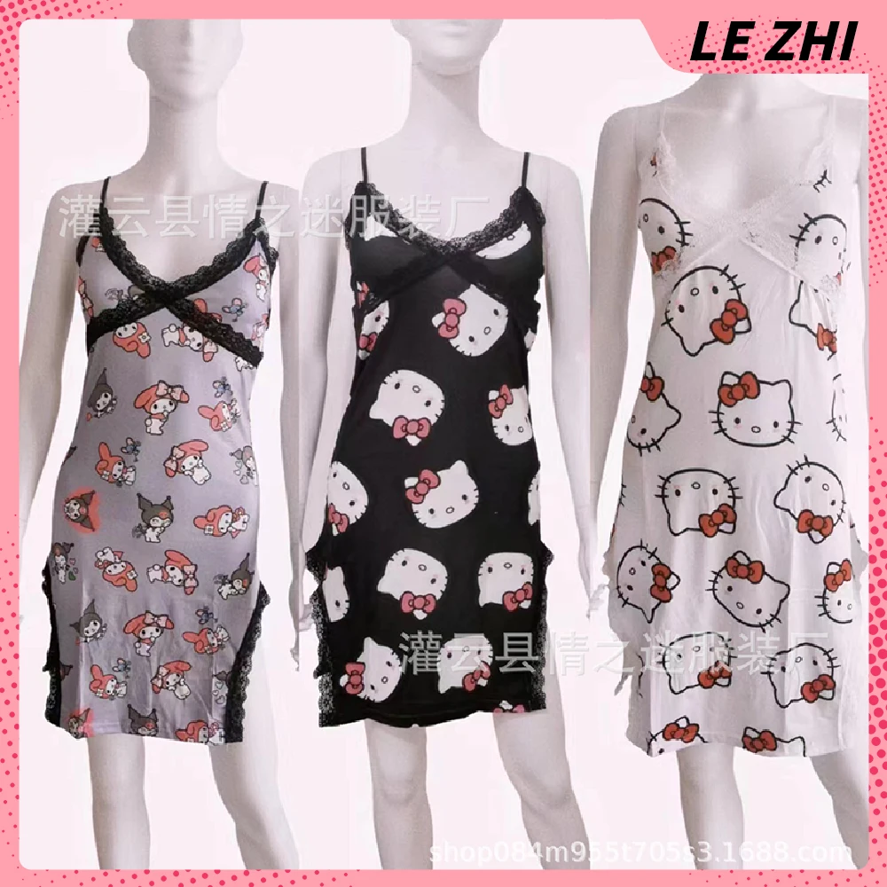 

Kawaii Hello Kitty Slip Dress Night Skirt Mymelody Kuromi Cartoon Printing Sexy Lace Smooth and Cool Home Dress Fallow Clothing