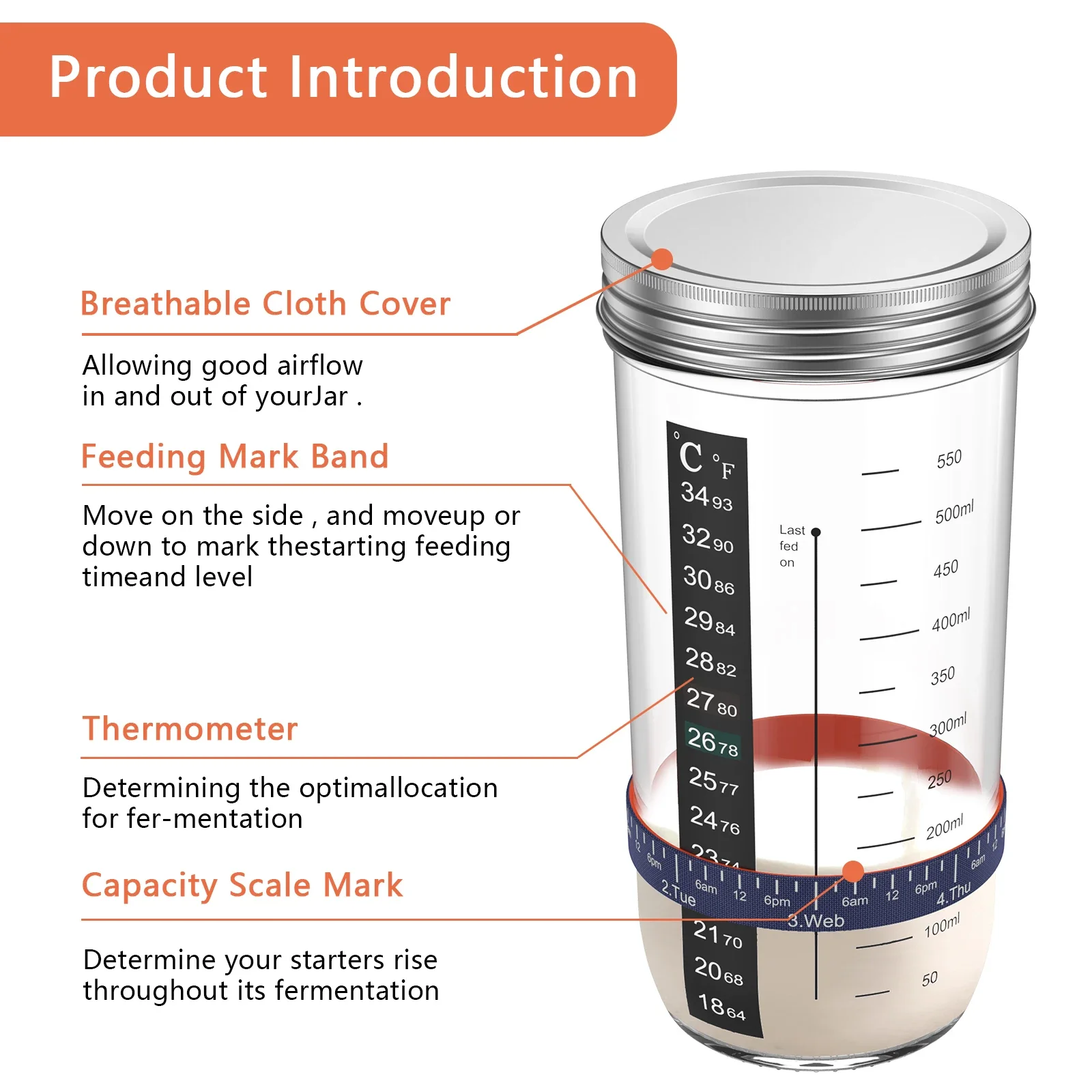 9Pcs Sourdough Starter Jar Kit with Scale Thermometer 730ml Heat Resistant Sourdough Starter Container with Metal Lid Reusable