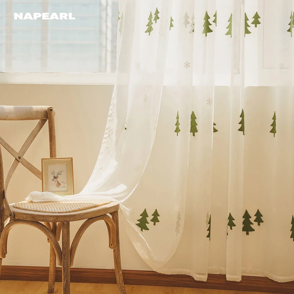 NAPEARL Christmas Tree Embroidered Style Xmax Decorative Curtain Sheer Tulle Voile Drapes for Bedroom Living Room 1PC