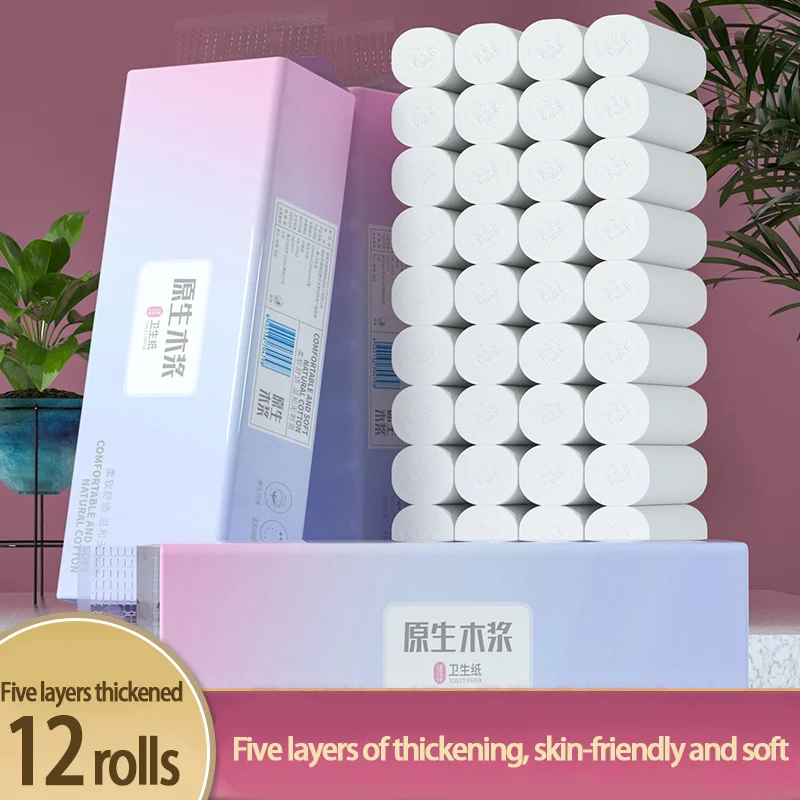 Toilet Paper 12 Rolls Toilet Paper Household Wooden Coreless Thickened Hand Tissue