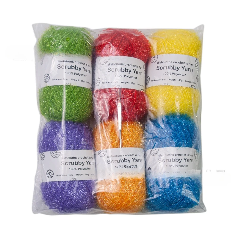 6 Skeins Shiny Dishcloth Yarn - 100% Polyester Glass Silk Pastel Scrubby Yarn For Crocheting, Total 300g