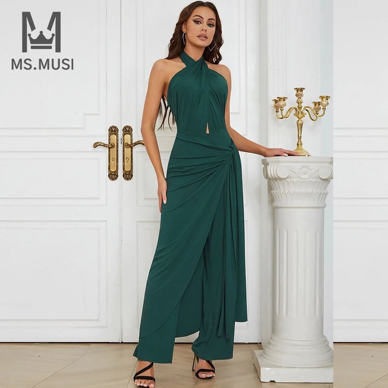 

MSMUSI 2023 New Fashion Women Sexy Halter Two Piece Set Sleeveless Draped Fold Backless Bodycon Party Club Flare Pant Jumpsuit