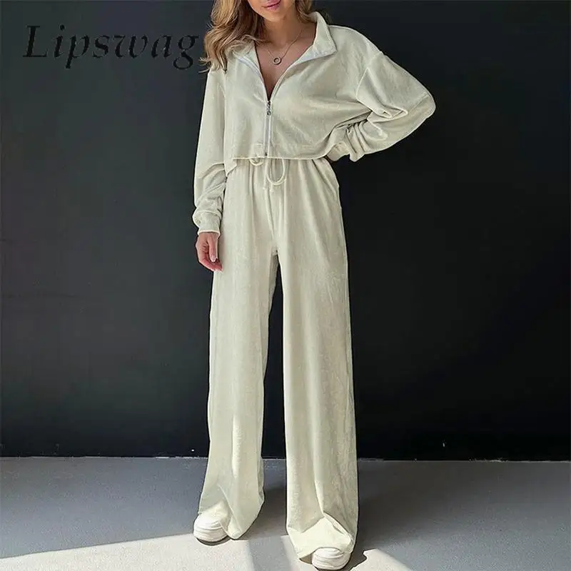 

Women Casual Loose High Waist Trousers Sets Fashion Sportswear Tracksuit Solid Zip-up Cardigan Sweatshirt And Long Pants Outfits
