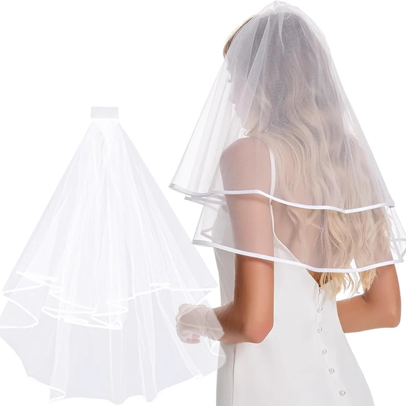 Velo da sposa Velo da sposa 2 livelli Bordo del nastro Fascia per capelli Addio al nubilato Decorazioni regalo per addio al nubilato Accessori per capelli