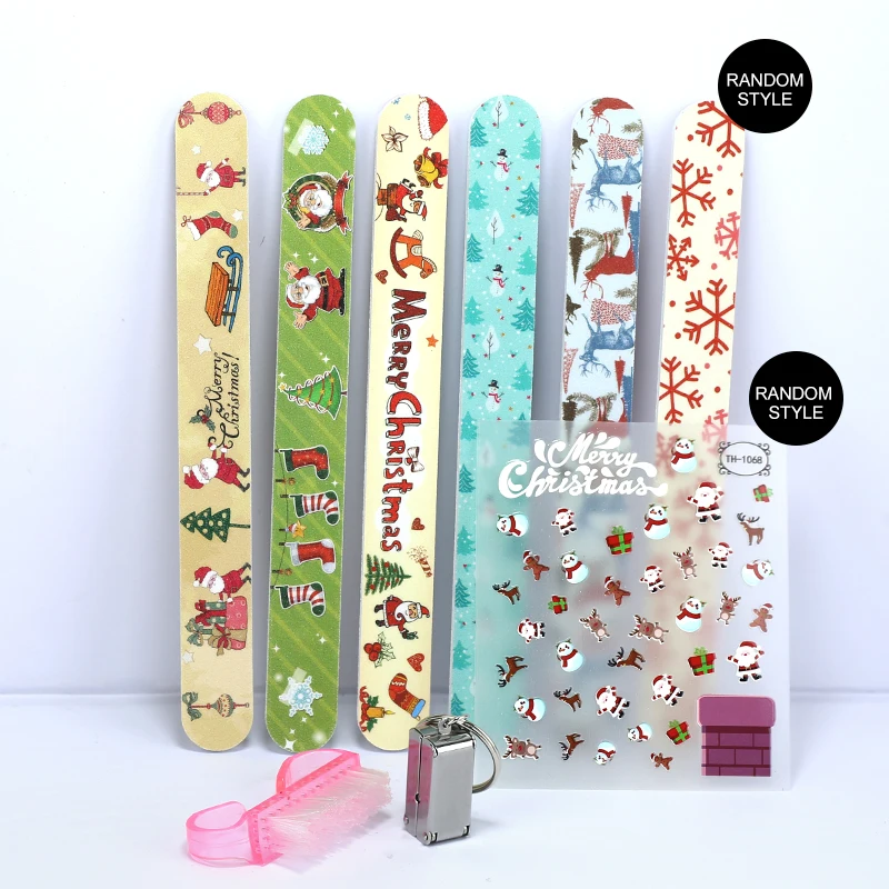 

Рождественский маникюрный набор, инструменты для дизайна ногтей, набор аксессуаров «сделай сам», Шлифовальная Пилка, наклейки, кусачки для ногтей, кисть для очистки омертвевшей кожи, зажим для бровей