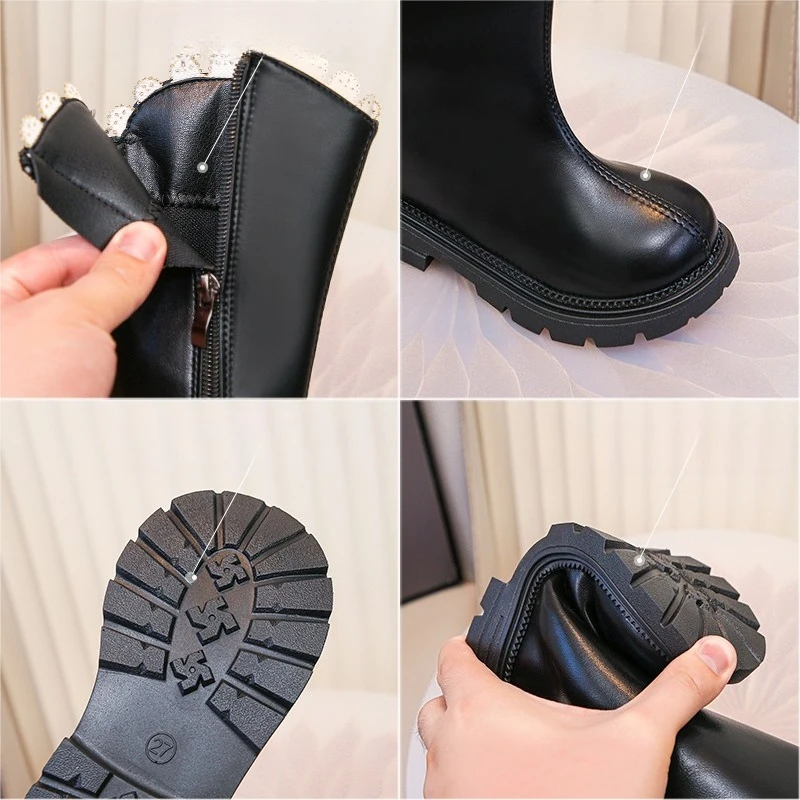 Black Mid Calf Lace Boots for Kids Autumn Breathable