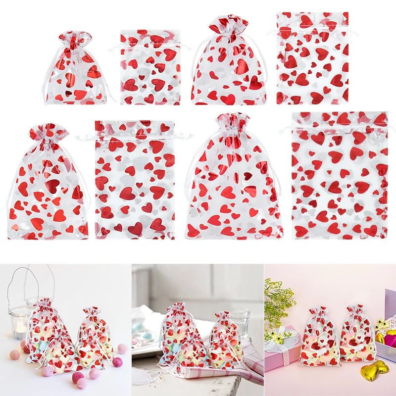 

20PCS Organza Red Love Heart Drawstring Packaging Bags Wedding Favor Bags Jewelry Candy Bags Party Christmas Wrapping Supplies