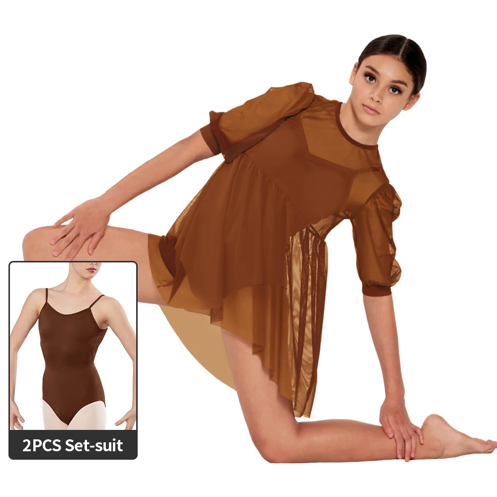 MiDee 2 Piece Babydoll Mesh Dress Matching Leotard Included Pullover Skirt Puff Sleeves Modern Lyrical Ballet Dance Costume