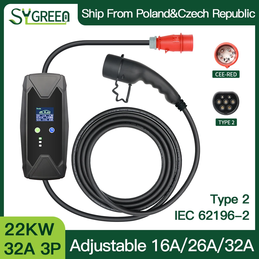 

Portable EV Charger Wallbox 22 KW Touch Adjustable 16/26/32A Type 2 Cable 5M Fast Electric Vehicle 32A 3P Charging 380-450V