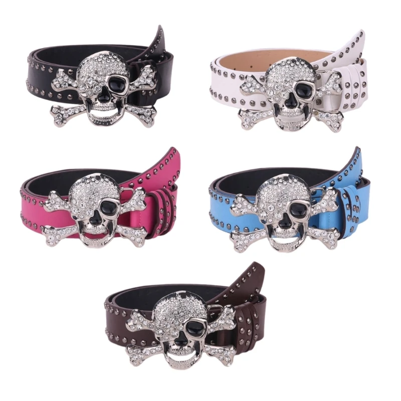 

Rhinestones Skull Buckle Waist Belt Adjustable PU Belt for Girl Jeans Skirt Coat