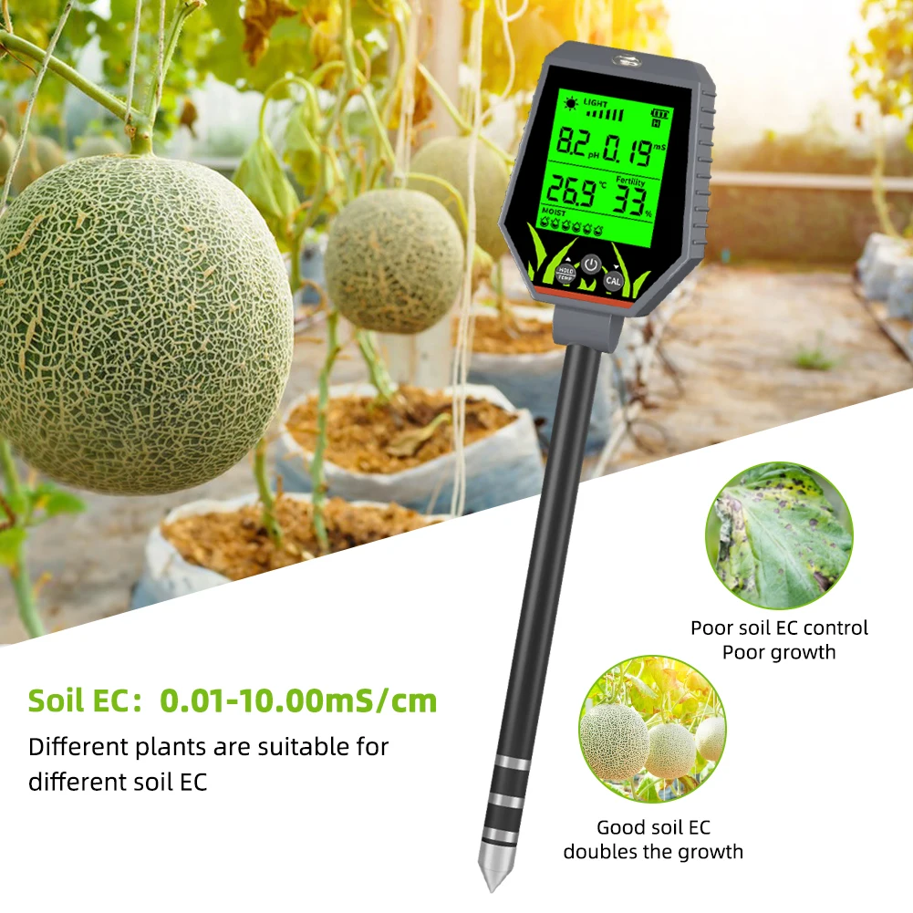 Soil Meter Digital pH Moisture Fertility Light Temp Humidity Analyzer for Garden