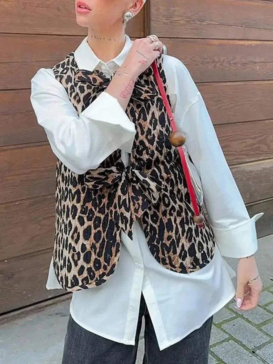 2024 New Women's Leopard Print Waistcoat Bowknot Front Sleeveless V-Neck Vest Casual Jacket Cardigan 3
