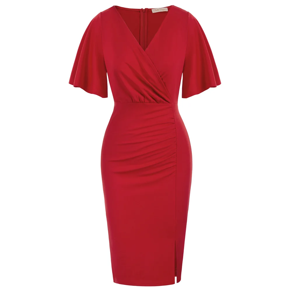 

BP Dress For Women Ruched Bodycon Dress Summer New Vintage Short Sleeve Cross V-Neck Side Slit Pencil Dress Evening Dresses