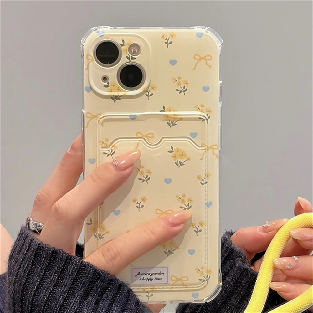 Clmj Korean Cute Love Heart Flower Card Hold Phone Case - Anti-Fall