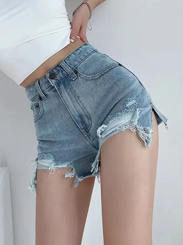 

New Streetwear Women Hole Shorts Bottoms Split Loose Blue Denim Shorts Summer Female High Waist Button Retro Jeans