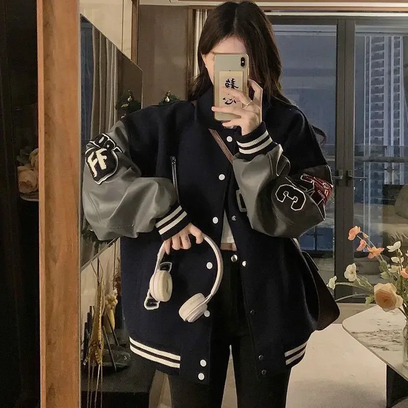 스티치 스탠드업 칼라 야구 유니폼, Y2K 레트로 루즈한 용수철, 가을 하이엔드 자수 야구 유니폼, 2024 새로운 스타일