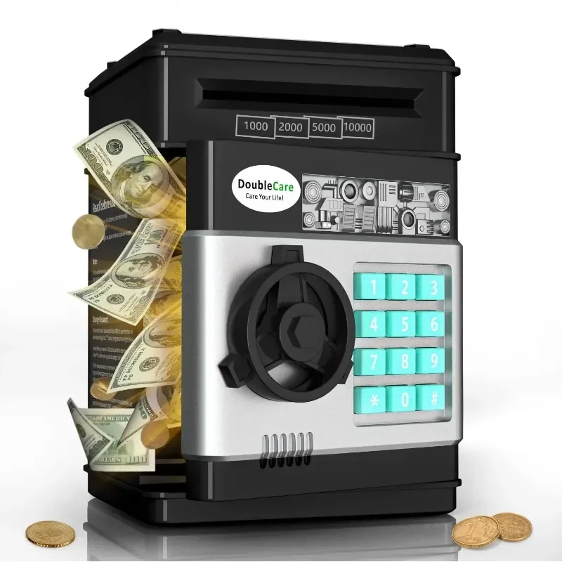 Black Piggy Bank for Kids, Electronic ATM Cash Coin Can Money Saving Box with Password, Children's Safe Money Jar with Auto Gra