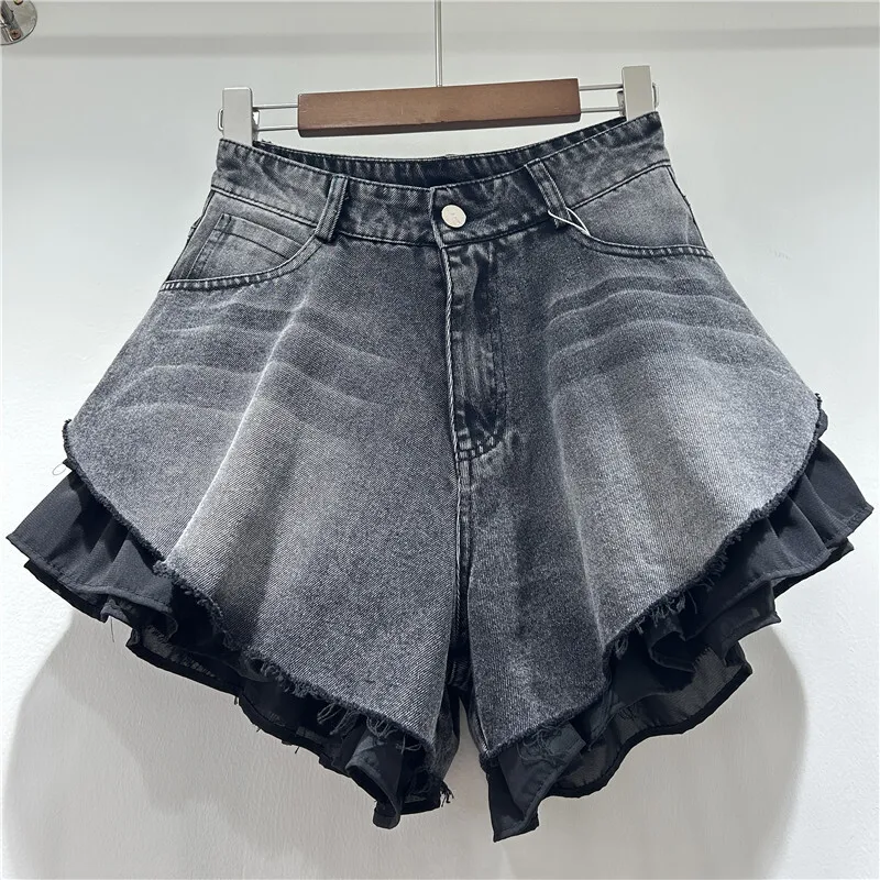 WTHT New Fashion Women's Patchwork Hem Wash Denim Shorts 2025 Summer Trendy High Waist A-line Short Pants Female 1LS1393 4