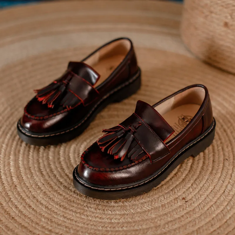 Zapatos con flecos de moda para mocasines planos de cuero con punta redonda de estilo británico, borla|shoes woman loafers|women loafersfashion loafers - AliExpress