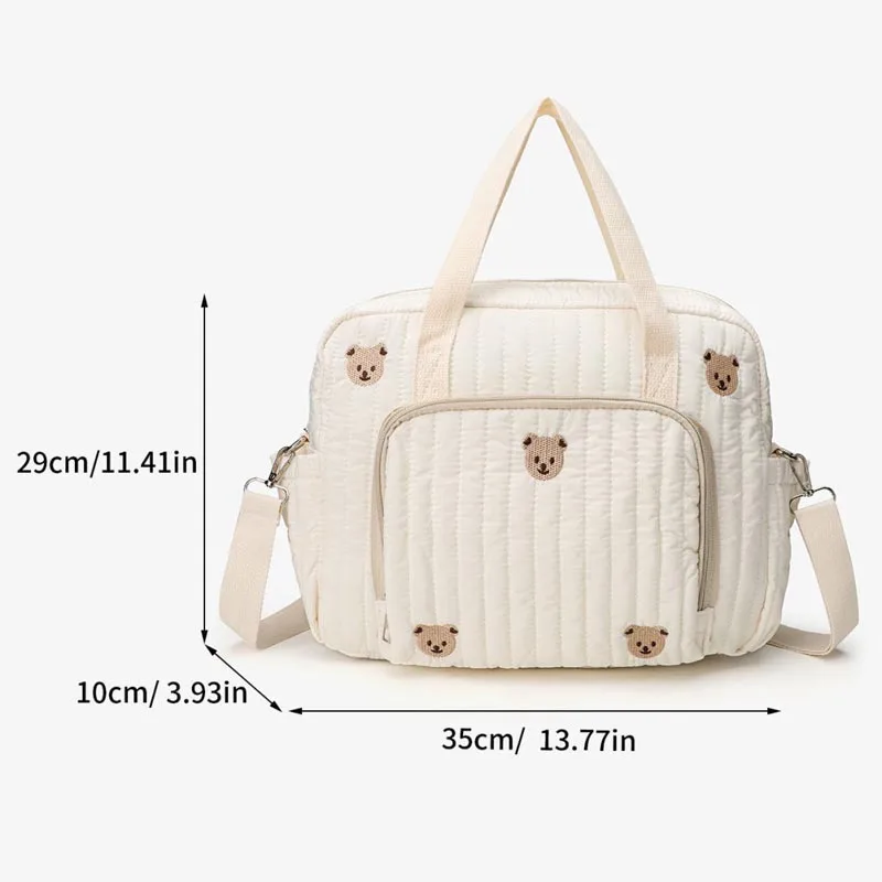 Baby Diaper Bag Cute Bear Flower Embroidery Pattern Mommy Bag Baby Beige Cotton Fabric Zipper Diaper Handbag New Luggage Bag