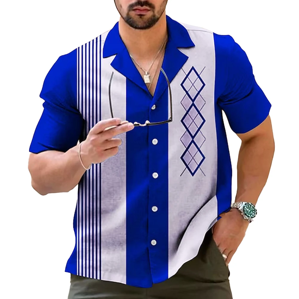 

Summer Men's Retro Striped Short Sleeve Vintage Bowling Social Shirt Button Down Shirts And Blouse Clothing