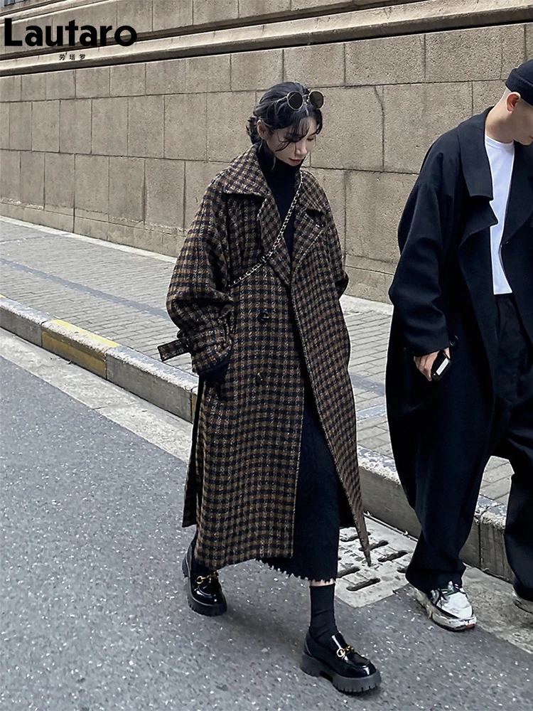 Lautaro Autumn Winter Long Loose Casual Soft Plaid Woolen Coat