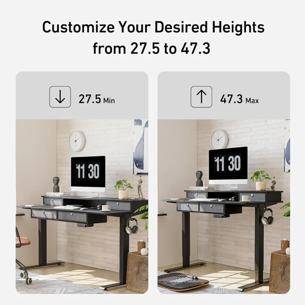 Sturdy Height Adjustable Electric Standing Desk with Drawers, Stand Up Table with Large Storage Shelf, Sit Stand Desk, Black Top 4