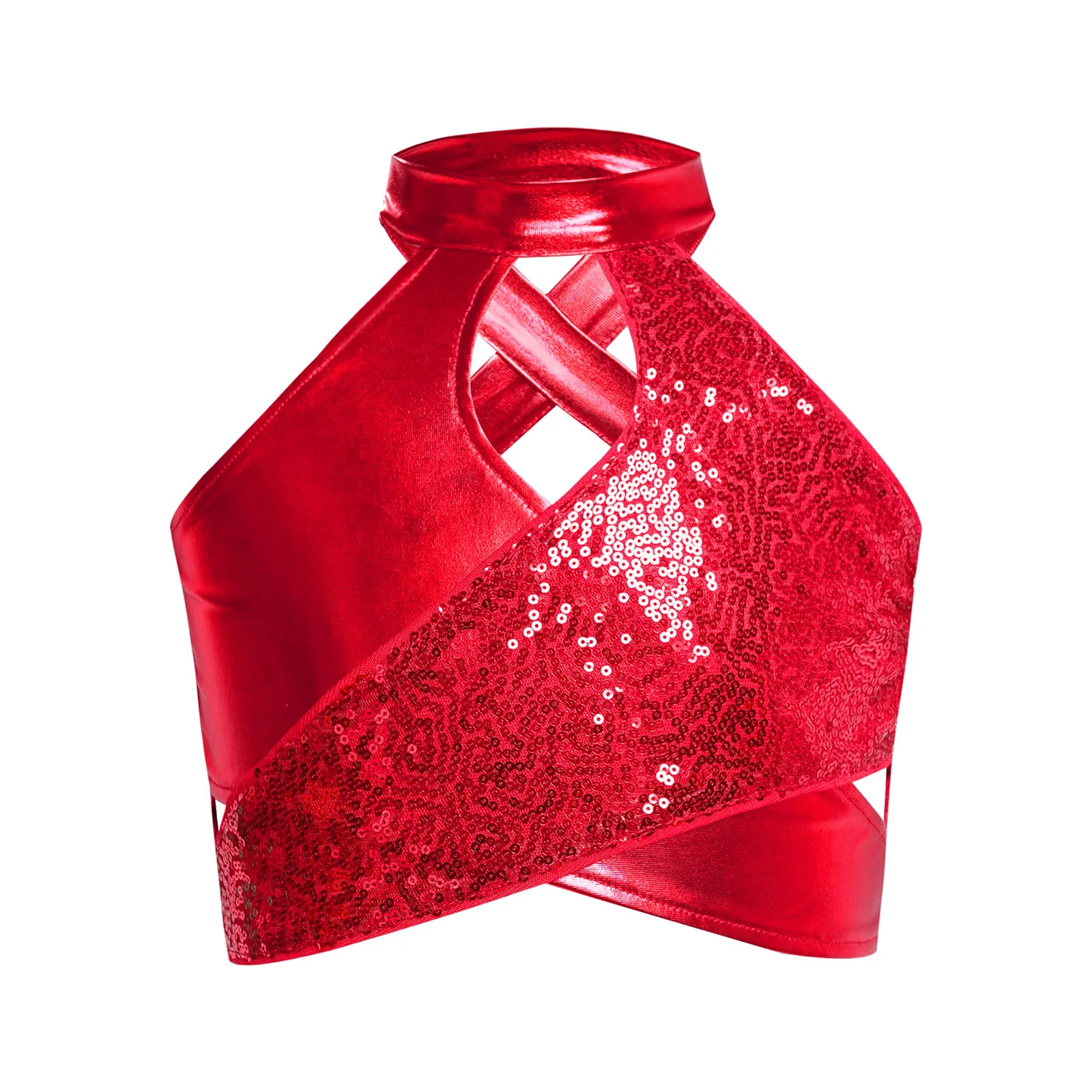 키즈 소녀 반짝 이는 스팽글 댄스 조끼 재즈 라틴 볼룸 댄스 탑 크로스 열쇠 구멍 메탈릭 크롭 탑 댄스웨어 댄스 의상