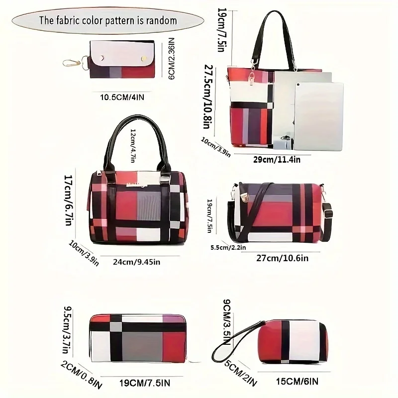 6pcs Women's Bag Sets Large Capacity Handbag Checkered Pattern Shoulder Bag With Simple Handbag Crossbody Bag Clutch Bag