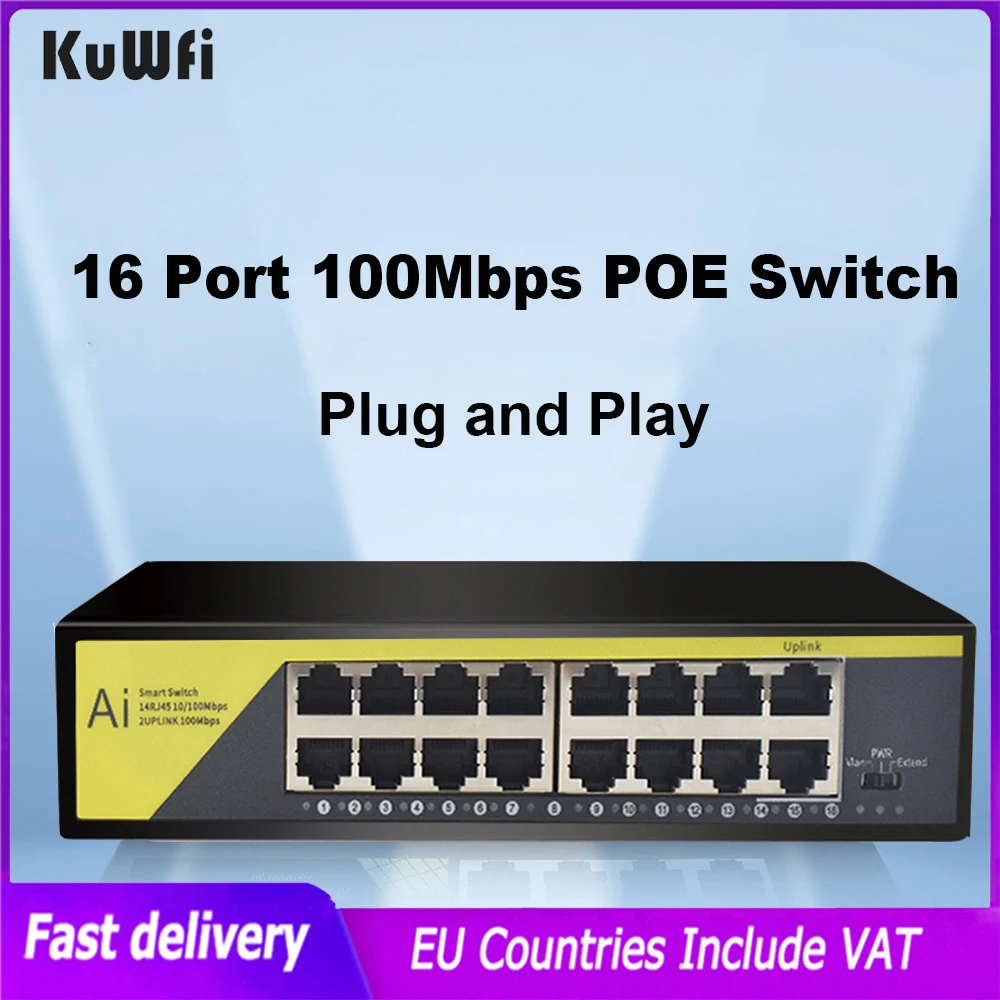Kuwfi 16 Porte Switch Di Rete Poe 100Mbps 48V Switch Di Rete Ethernet Iniettore Switch Poe Per Telecamera Ip/Ap Wireless/Cctv