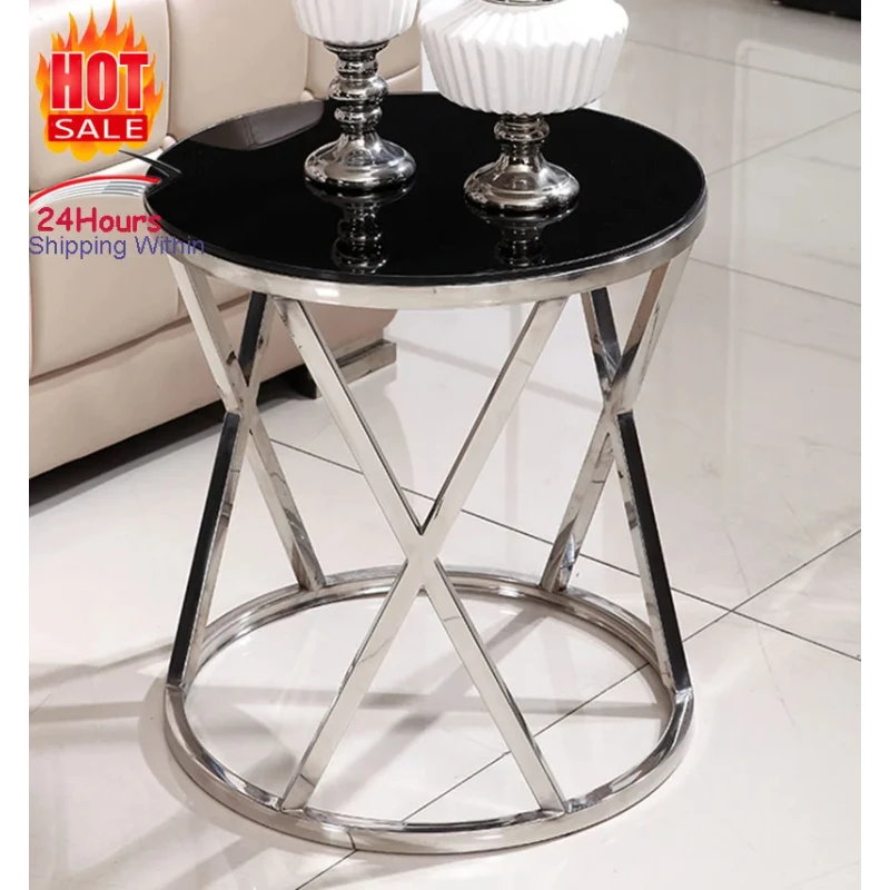 Stainless Steel Sofa Side Table Corner Table Small Apartment Living Room Round Coffee End Tempered Glass Marble Top