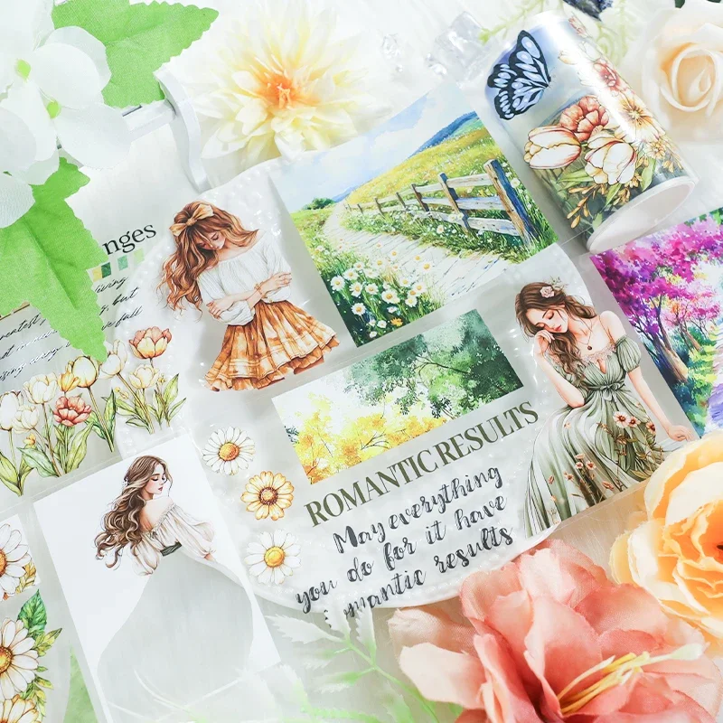2m/Roll Elegance Girl PET Tape Flower Aesthetic Scrapbooking Sticker Materials Card Making Journal Collage Tape Diary Decoration