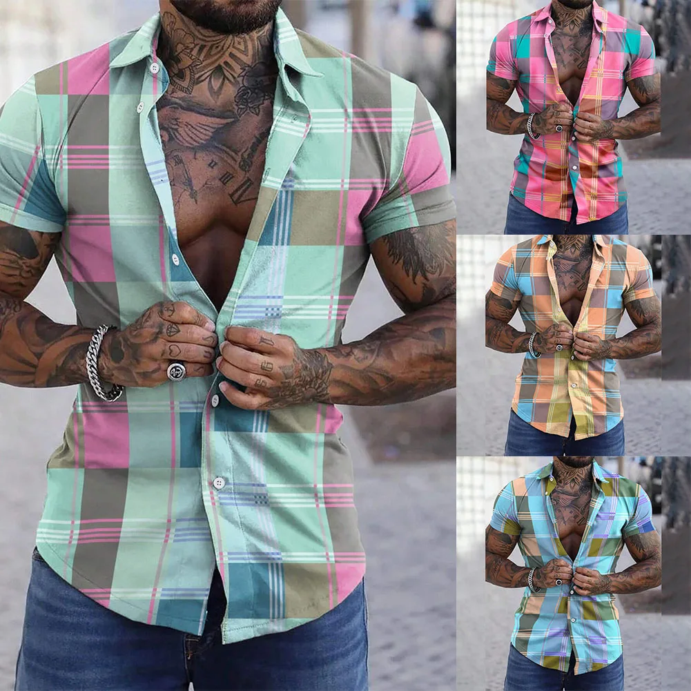 Description Picture 2 of itemShirts Blouse Beach Party Breathable Button Down Casual Collared Plaid Quick-drying Short Sleeve Skin-friendly