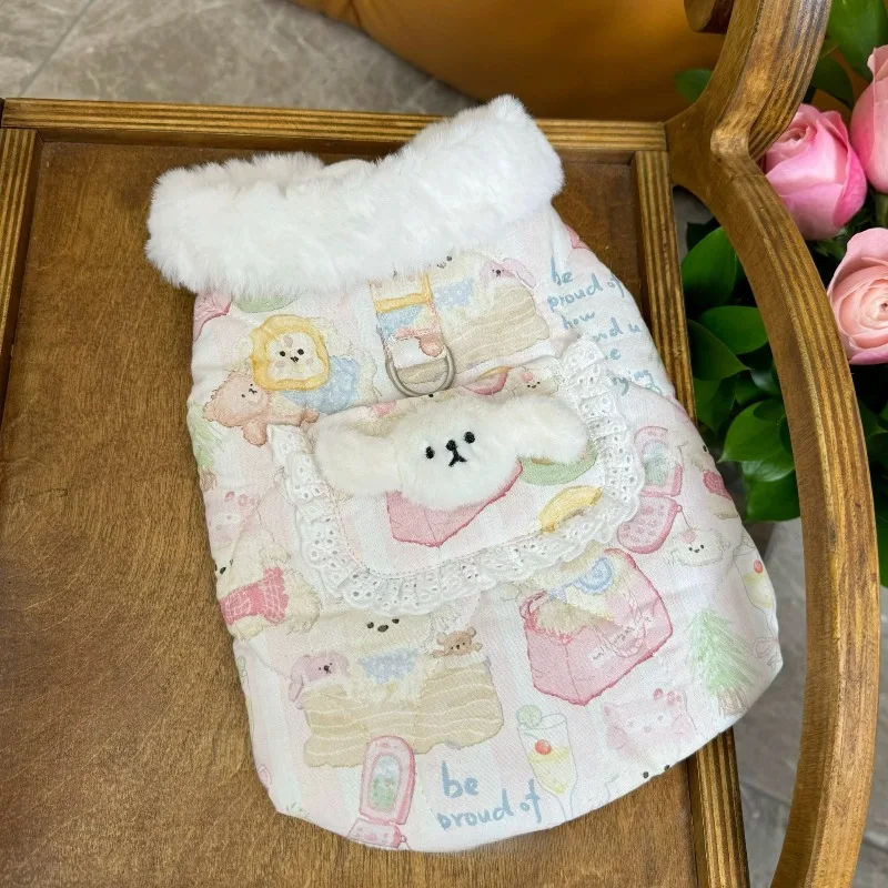 애완동물 조끼 겨울용 면 벨벳 인형 칼라 조끼 가디건 조끼 강아지 고양이 목줄 버클 면 한국식 리본 곰 프린트 애완동물 옷