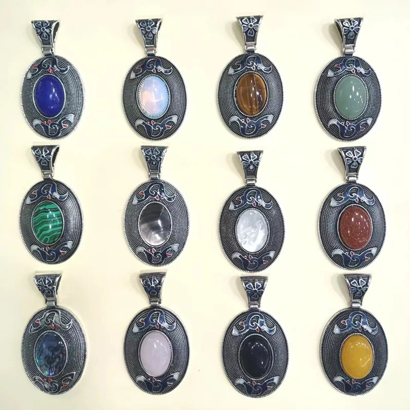 

Natural Stone Shell Antique Metal Inlaid National Style Pattern Pendant Lapis Lazuli Making DIY Necklace Jewelry for Women