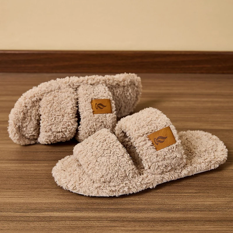 Autumn Winter Open Toe Fluffy Slippers Women Indoor Flat Heel Plush Slides Woman Comfortable Non Slip Home Fuzzy Slippers Female