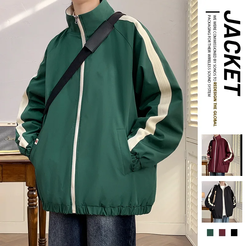 Spring New Large Size Double Faced Jacket for Men with Standing Neck, Trendy Brand Stripes, Versatile Double Faced Coat for Men