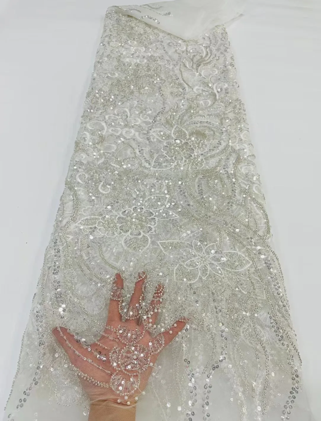

Luxury High Quality Bride Wedding Beads African Tulle Lace French Net Lace Fabric With Sequins White Nigeria Handmade Fabrics