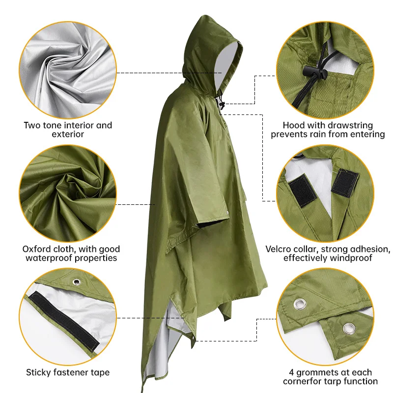 3 in 1 Multifunctional Raincoat Waterproof Rain Poncho Jacket Hiking Rain Cover Outdoor Awning Tent Mat Camping Clothes Rainwear raincoat poncho