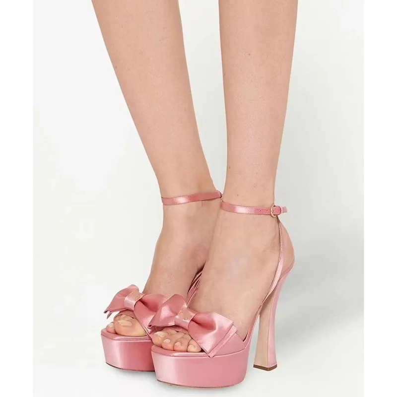 

Summer Peep Toe Silk Bowtie Sandals Thin High Heel High Platform Ankle Strap Purple Pink Butterfly Knot Woman Banquet Shoes