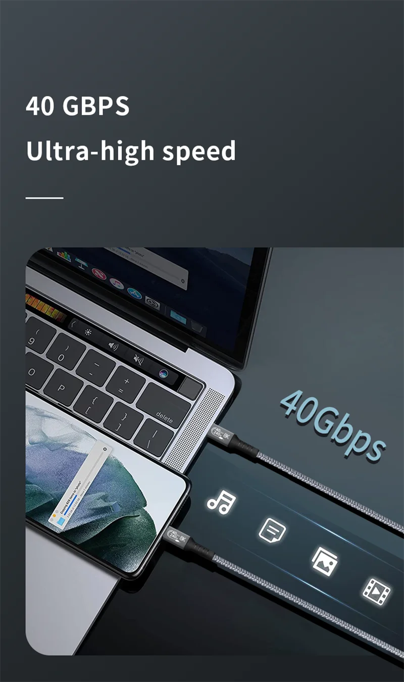 Cabo usb4 thunderbolt 4 pd 240w usb c para tipo c cabo de carregamento rápido 8k @ 60hz 40gbps cabo de sincronização de dados para iphone 15 macbook pro