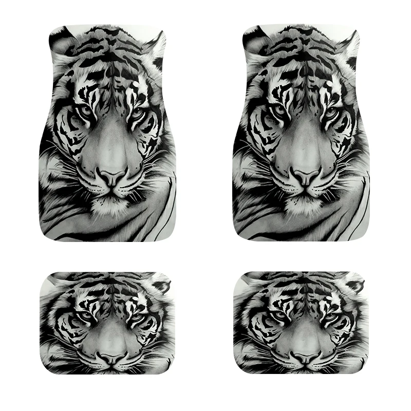 

White Tiger Personality Printing Design Rubber Material Non-Slip Stain Resistant 4PCs All-Weather General Car Foot Mat