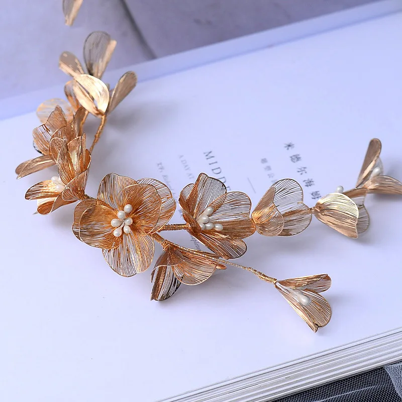 Golden Flower Hairband Bride Wedding Hair Accessories Luxury Metal Floral Crowns Beads Adjustable Tiaras Marriage Hair Jewelry - 6